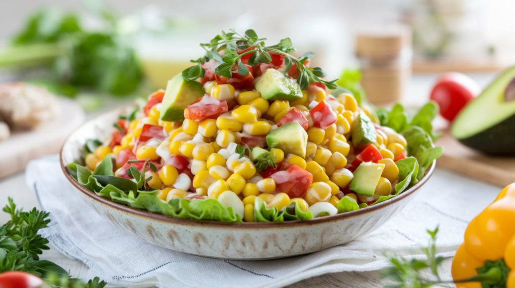 Fresh corn salad with avocado, cherry tomatoes, cucumber, and a rice vinegar dressing.