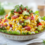 Fresh corn salad with avocado, cherry tomatoes, cucumber, and a rice vinegar dressing.