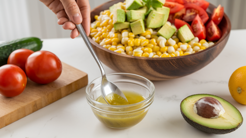 Corn, avocado, and cucumber salad drizzled with rice vinegar dressing.