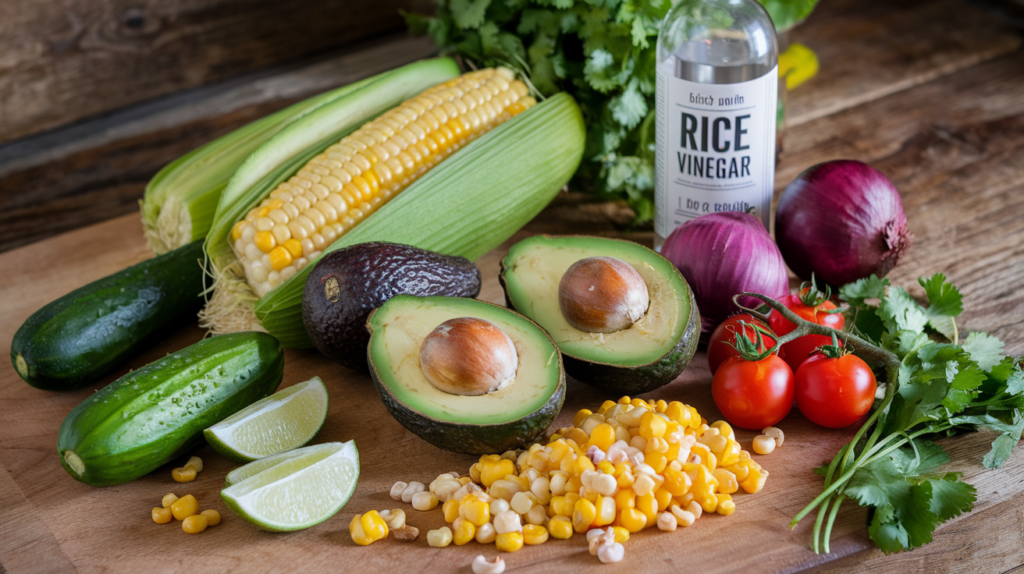 Colorful corn salad with avocado, rice vinegar, and fresh vegetables.
