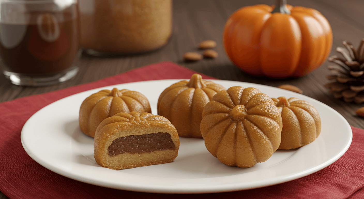 Festive marzipan Thanksgiving dessert shaped as autumn leaves and pumpkins on a table.