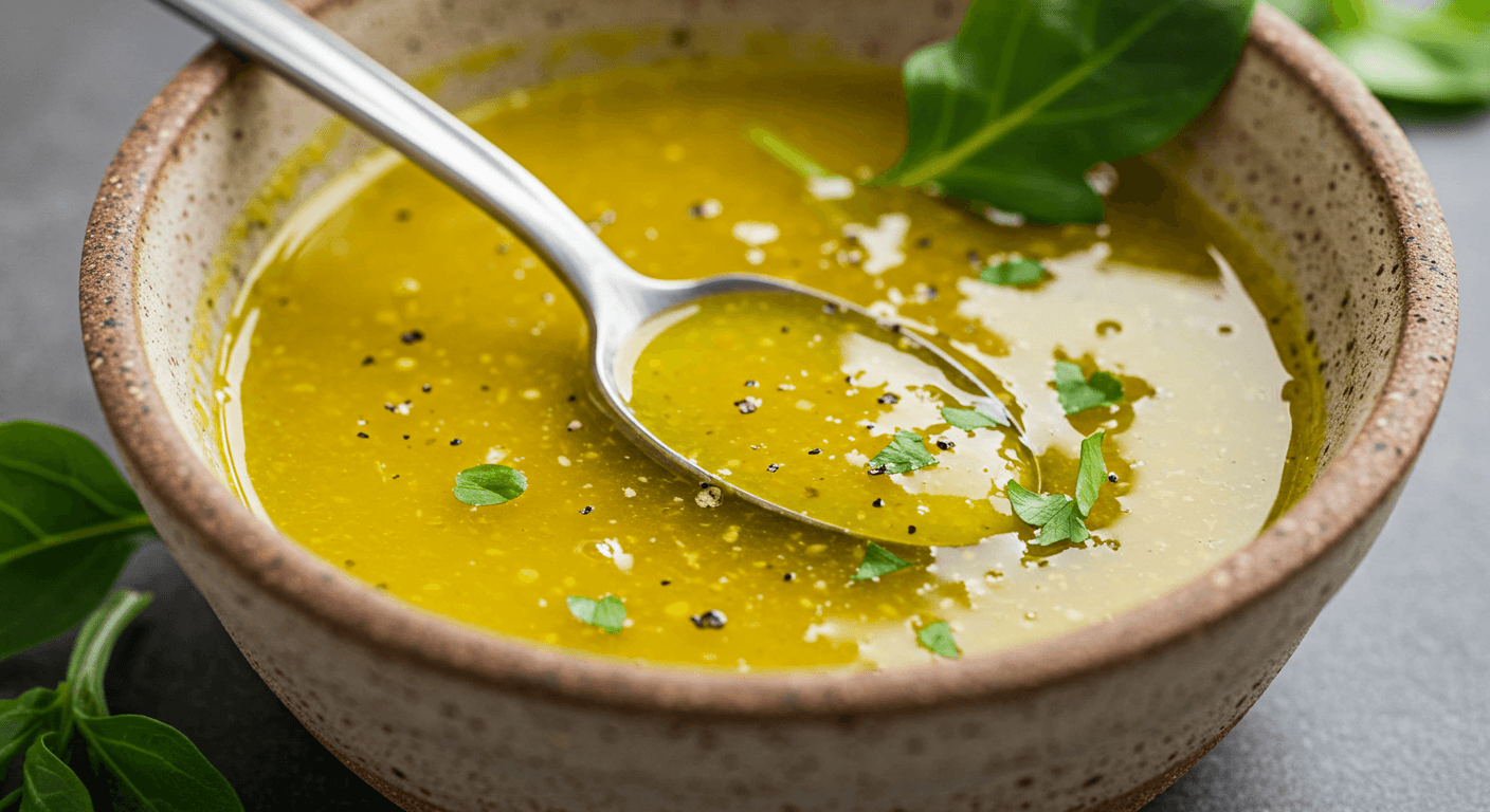 New Orleans soaked salad dressing served in a bowl, with fresh herbs and ingredients like olive oil, vinegar, and Creole seasoning.