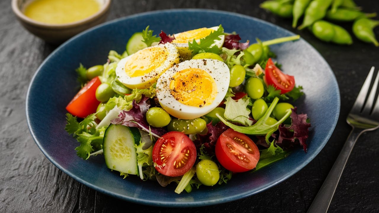 Edamame egg salad with fresh greens, avocado, cucumber, and cherry tomatoes in a light, healthy bowl.